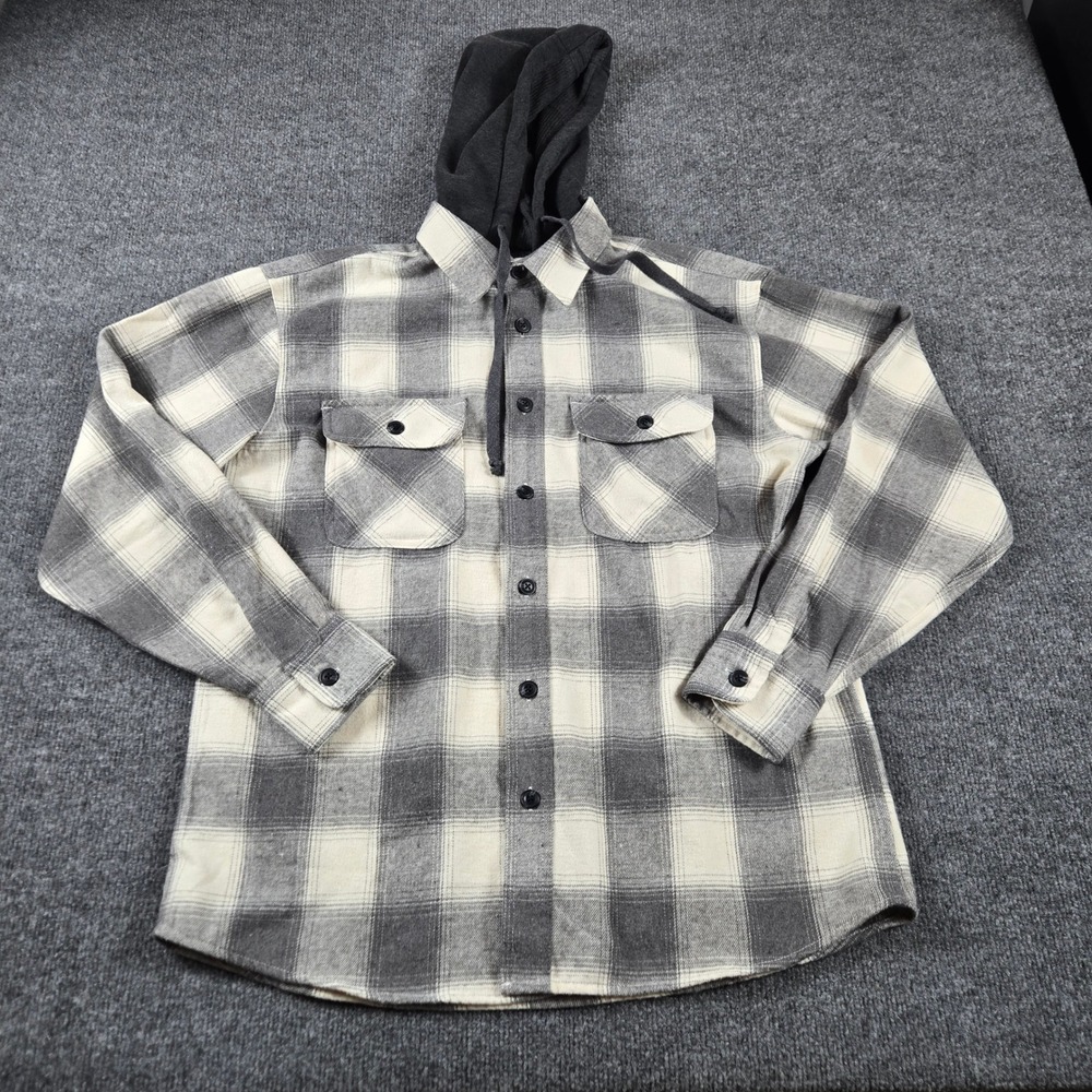 Free Planet Hooded Flannel Shirt Mens Medium Grey Plaid Excellent Relaxed Fit